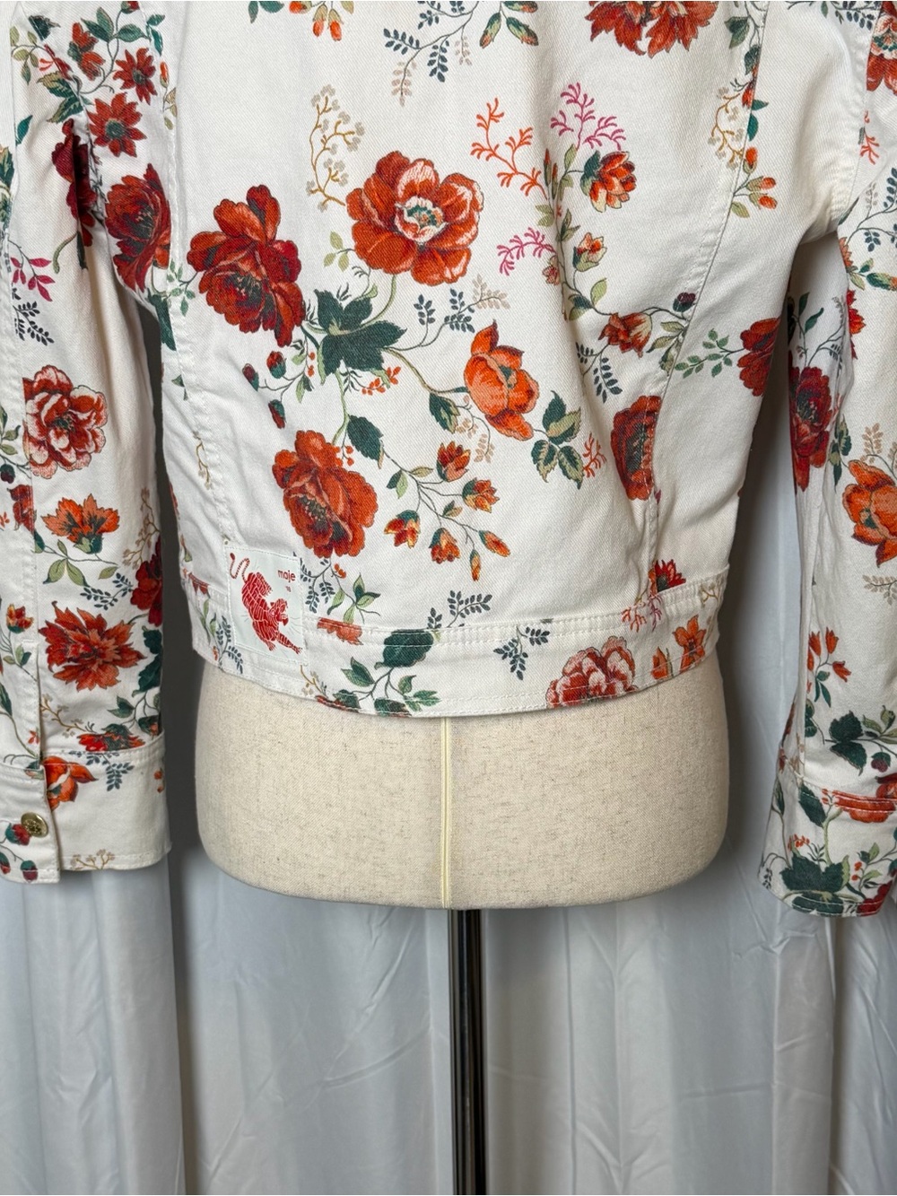 Maje Viflor Floral Denim Jacket White Red Print Stretch Cotton FR 36 Small - Picture 10 of 16